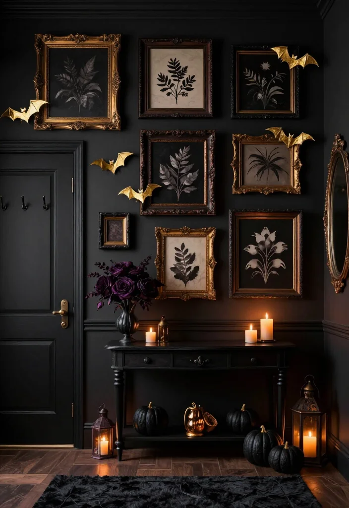 17 Moody Halloween Entryway Ideas That Turn Your Foyer Into a Gold Bat Fantasy - 8. Make a Vintage Frame Wall With Tiny Bat Silhouettes 1