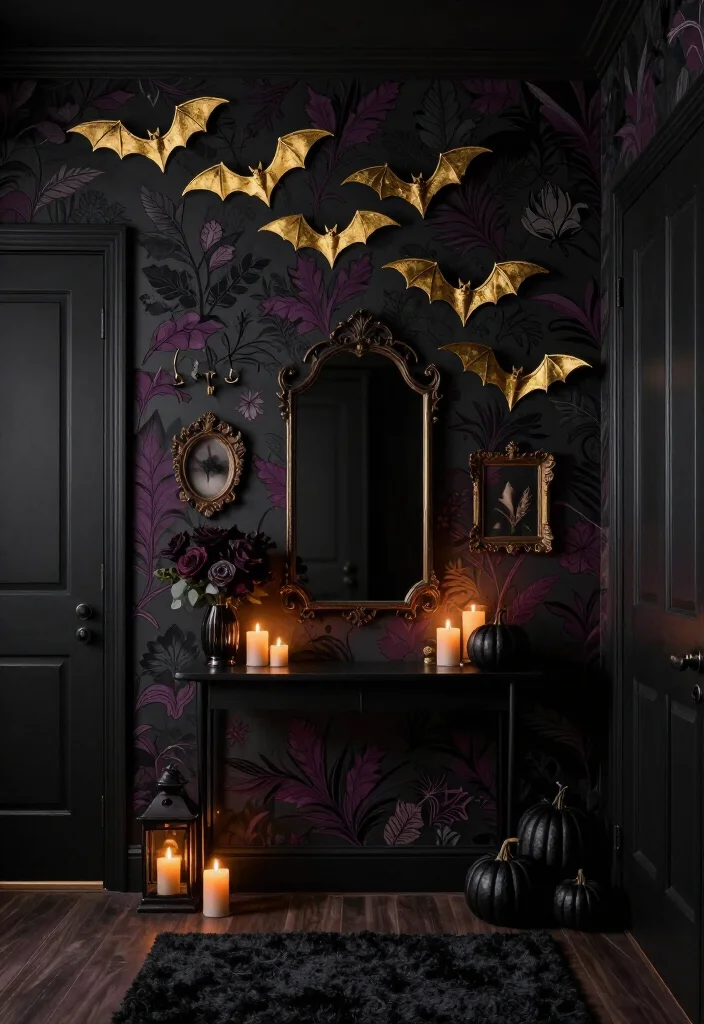 17 Moody Halloween Entryway Ideas That Turn Your Foyer Into a Gold Bat Fantasy - 9. Use Dark Wallpaper as a Rich Backdrop 1