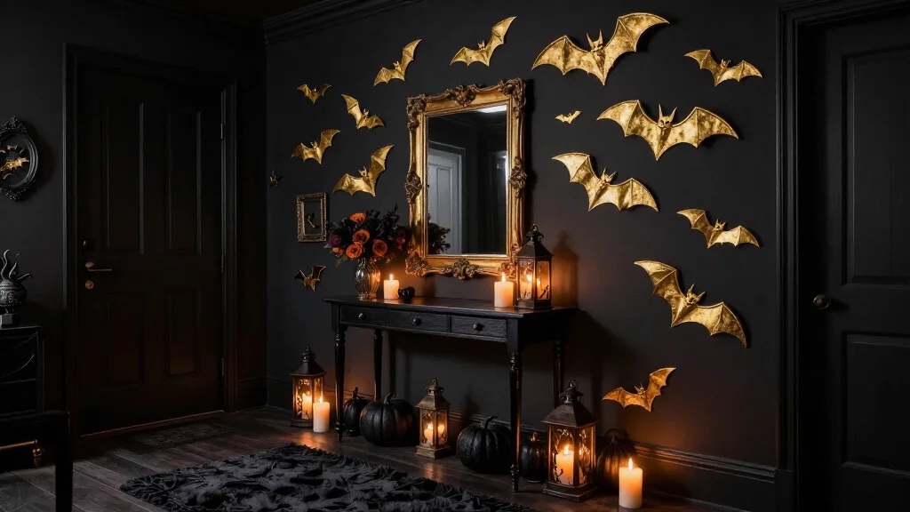 17 Moody Halloween Entryway Ideas That Turn Your Foyer Into a Gold Bat Fantasy