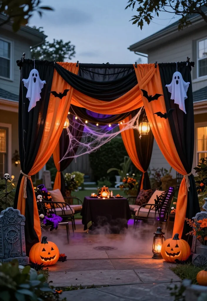 17 Spooktacular Halloween Canopy Decor Ideas That’ll Transform Your Backyard Into a Haunted Hideaway! - 1. Layer Black-and-Orange Drapes for Instant Drama 1