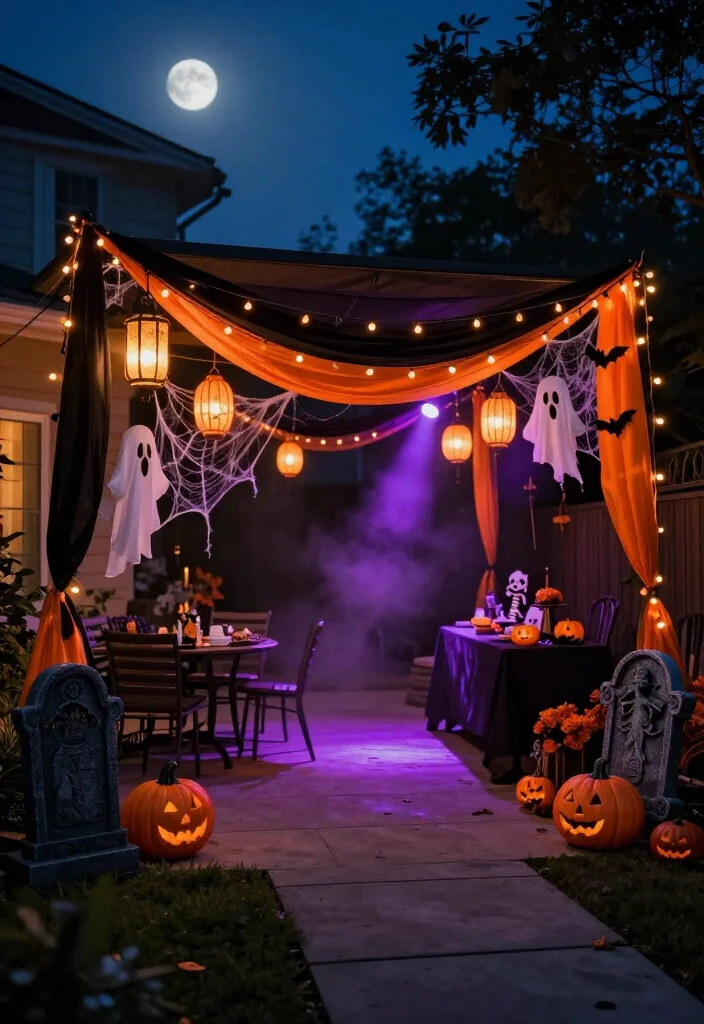 17 Spooktacular Halloween Canopy Decor Ideas That’ll Transform Your Backyard Into a Haunted Hideaway! - 10. Mix Amber Lanterns With Purple Light and Low Fog 1
