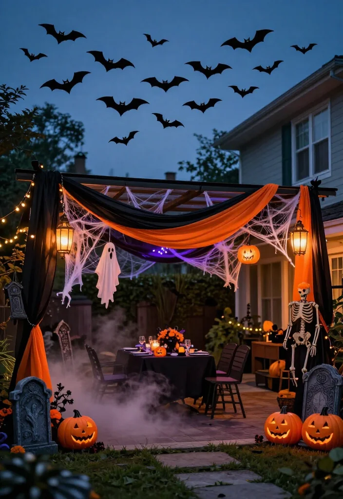 17 Spooktacular Halloween Canopy Decor Ideas That’ll Transform Your Backyard Into a Haunted Hideaway! - 11. Send a Flock of Bats Across the Canopy Roof 1