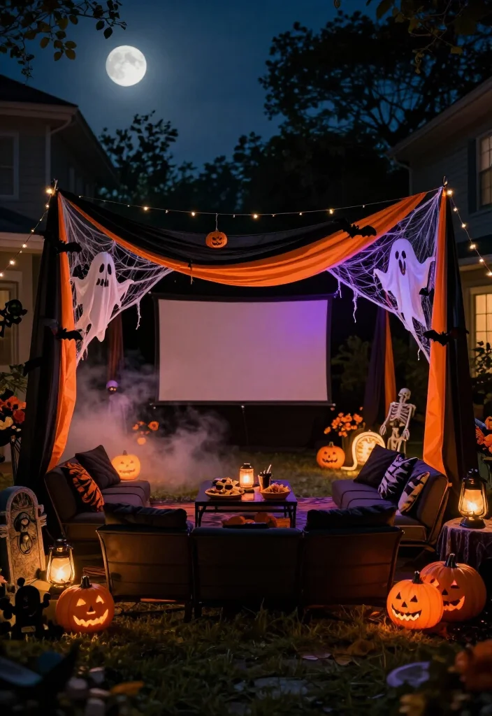 17 Spooktacular Halloween Canopy Decor Ideas That’ll Transform Your Backyard Into a Haunted Hideaway! - 15. Turn the Canopy Into a Haunted Outdoor Movie Lounge 1