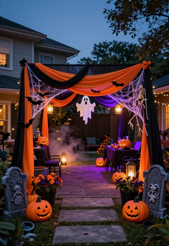 17 Spooktacular Halloween Canopy Decor Ideas That’ll Transform Your Backyard Into a Haunted Hideaway! - 17. Finish With a Photo-Ready Haunted Garden Hideaway 1