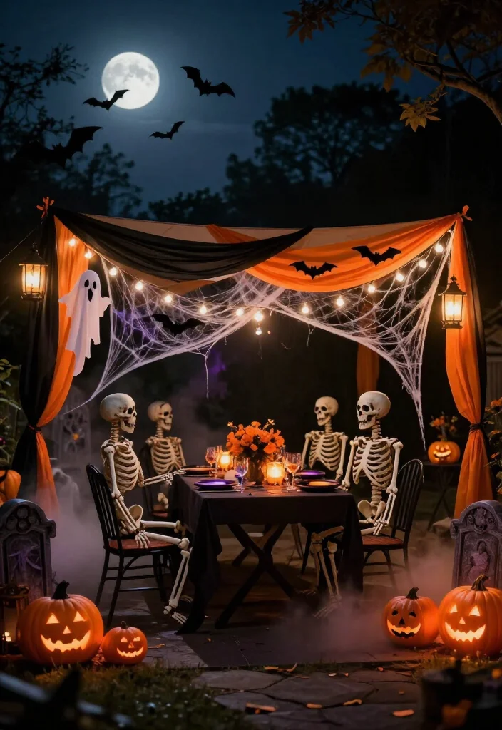 17 Spooktacular Halloween Canopy Decor Ideas That’ll Transform Your Backyard Into a Haunted Hideaway! - 3. Set a Skeleton Dinner Party Under the Canopy 1