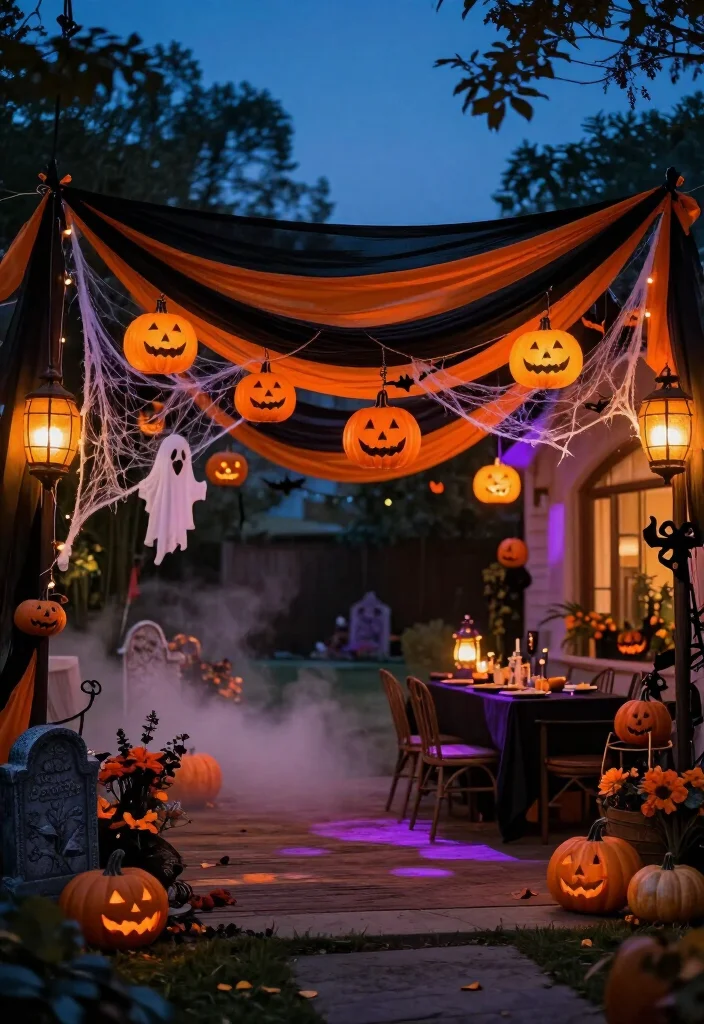 17 Spooktacular Halloween Canopy Decor Ideas That’ll Transform Your Backyard Into a Haunted Hideaway! - 4. Turn the Canopy Ceiling Into a Pumpkin Lantern Sky 1