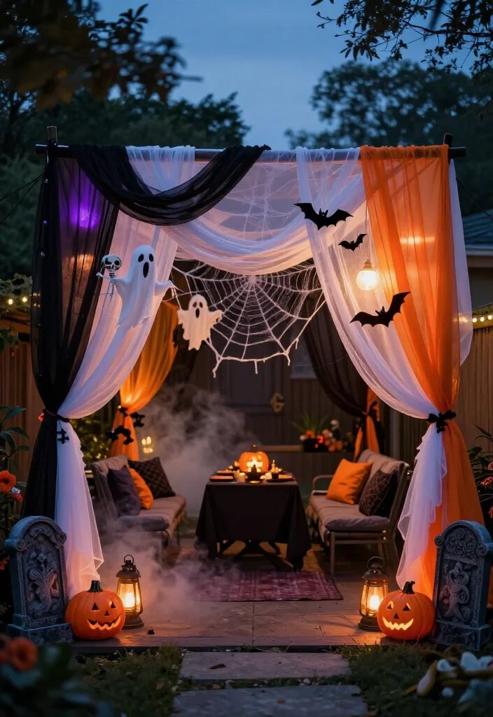 17 Spooktacular Halloween Canopy Decor Ideas That’ll Transform Your Backyard Into a Haunted Hideaway! - 5. Use Ghostly Curtain Panels for a Soft, Eerie Entrance 1