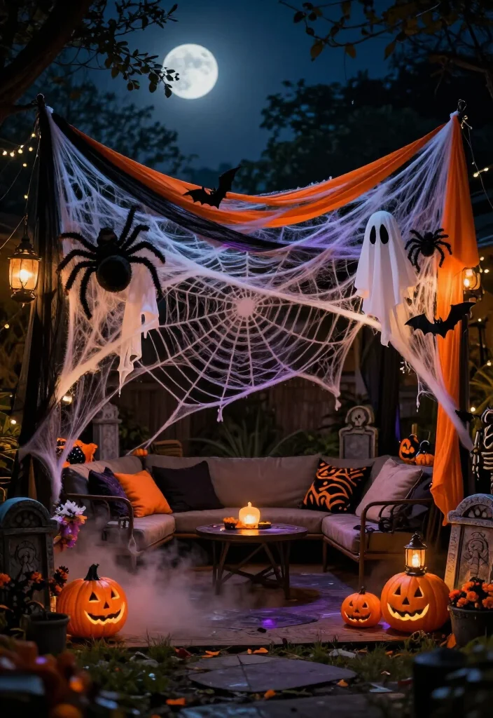 17 Spooktacular Halloween Canopy Decor Ideas That’ll Transform Your Backyard Into a Haunted Hideaway! - 7. Cover a Cozy Lounge in Oversized Spiderwebs 1