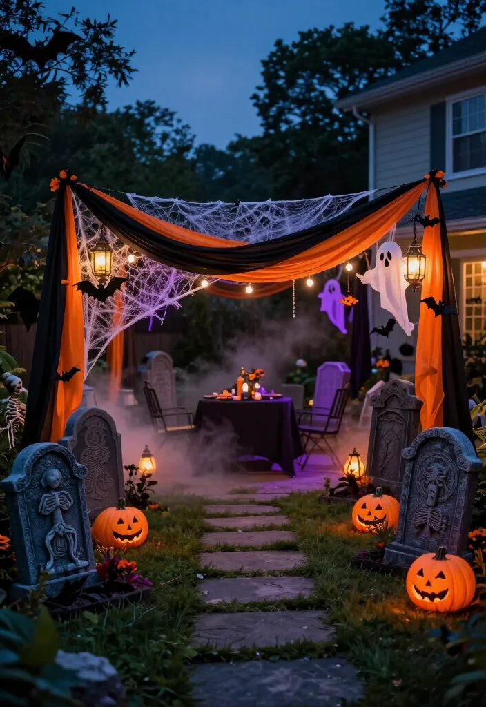 17 Spooktacular Halloween Canopy Decor Ideas That’ll Transform Your Backyard Into a Haunted Hideaway! - 8. Frame the Canopy With a Mini Graveyard 1