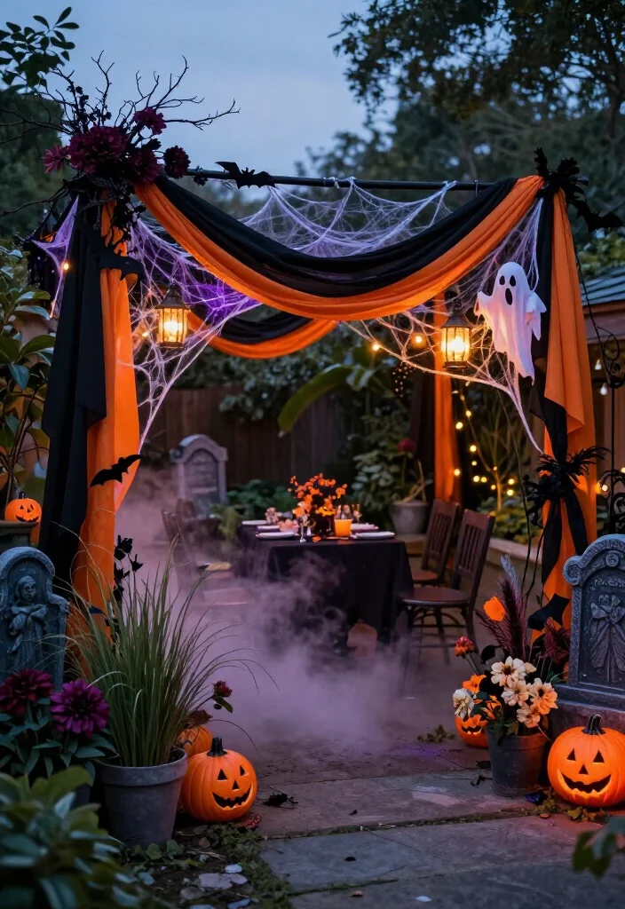17 Spooktacular Halloween Canopy Decor Ideas That’ll Transform Your Backyard Into a Haunted Hideaway! - 9. Add Eerie Florals and Witchy Garden Texture 1