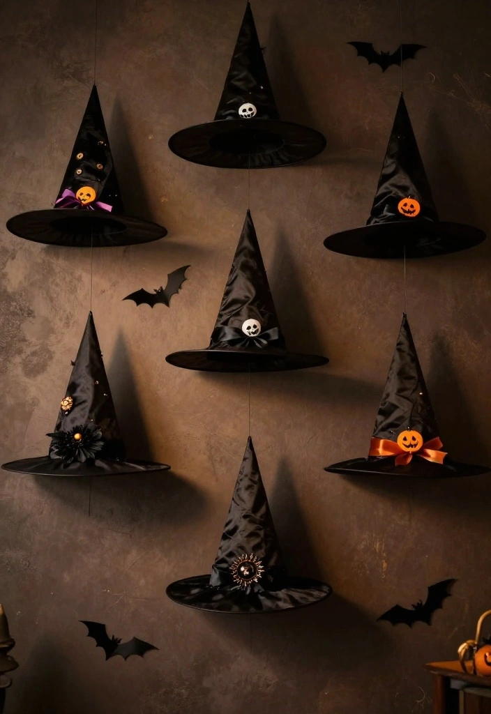 17 Spooktacular Halloween Wall Decor Ideas That Will Leave Your Guests Screaming for More! - 15. Hanging Witch Hats 1