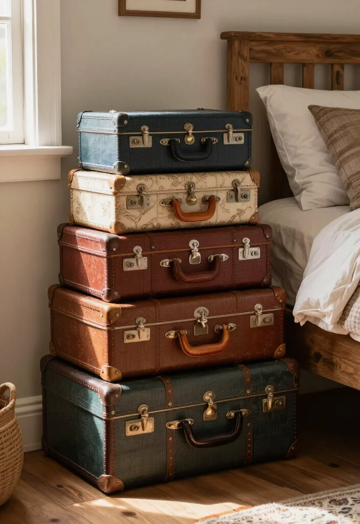 17 Stylish Farmhouse Bedroom Storage Solutions to Maximize Your Space (Check Out #5!) 63 17 Stylish Farmhouse Bedroom Storage Solutions to Maximize Your Space (Check Out #5!) - 10. Vintage Suitcases 1