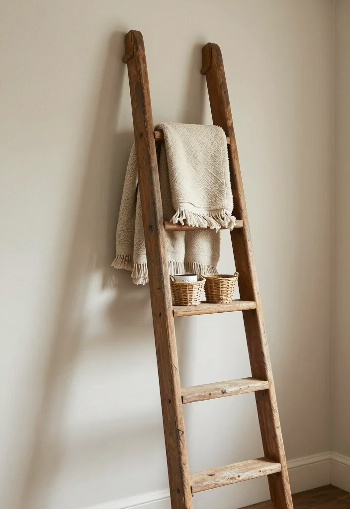 17 Stylish Farmhouse Bedroom Storage Solutions to Maximize Your Space (Check Out #5!) 66 17 Stylish Farmhouse Bedroom Storage Solutions to Maximize Your Space (Check Out #5!) - 13. Rustic Ladder Storage 1