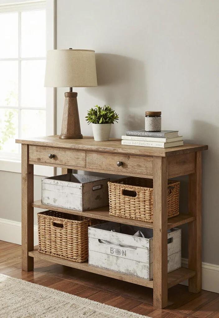 17 Stylish Farmhouse Bedroom Storage Solutions to Maximize Your Space (Check Out #5!) 67 17 Stylish Farmhouse Bedroom Storage Solutions to Maximize Your Space (Check Out #5!) - 14. Rustic Console Table 1