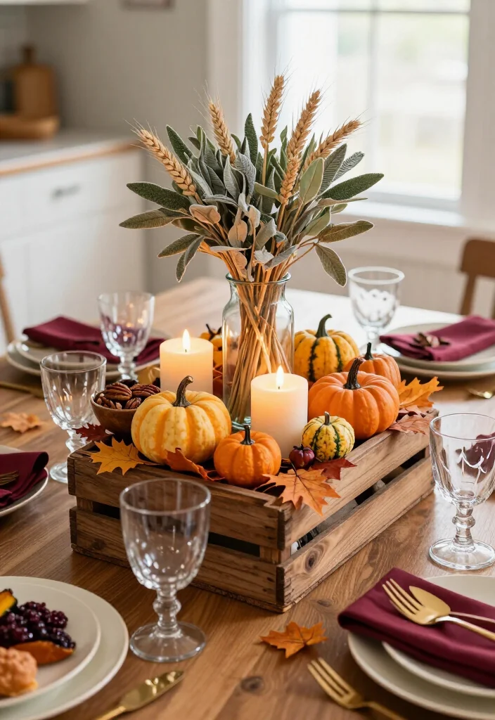 19 Dollar Tree Thanksgiving Table Setting Ideas That Look Shockingly Expensive (Guests Will Never Guess the Cost!) - 11. Use a Wooden Crate for a Raised Centerpiece 1