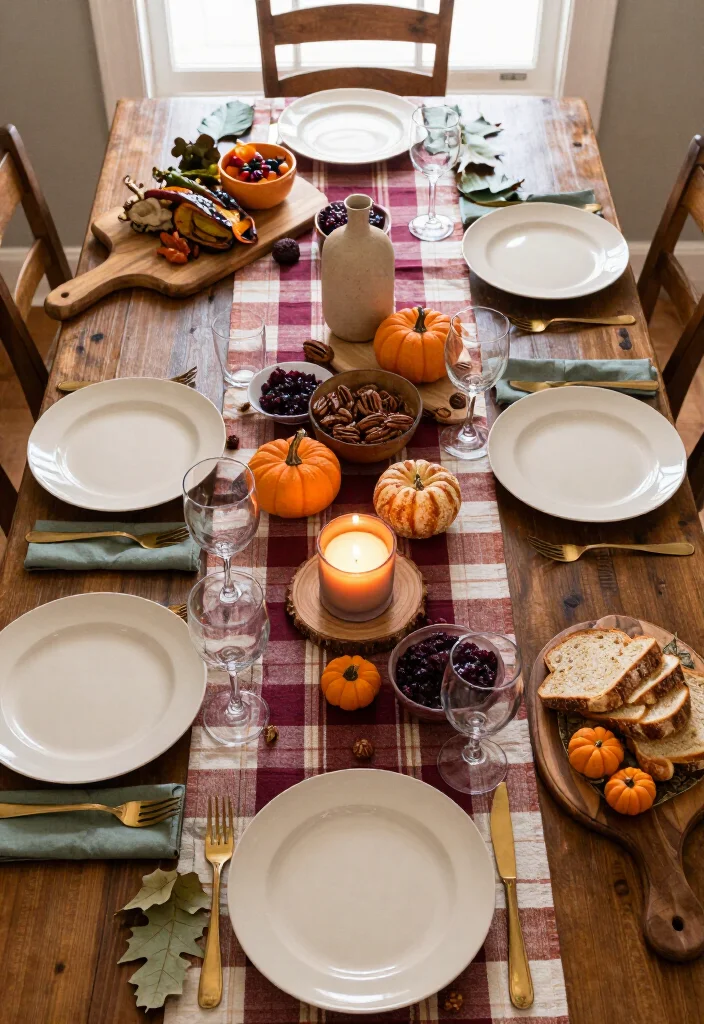 19 Dollar Tree Thanksgiving Table Setting Ideas That Look Shockingly Expensive (Guests Will Never Guess the Cost!) - 15. Add a Plaid Runner and Simple Wood Slices 1