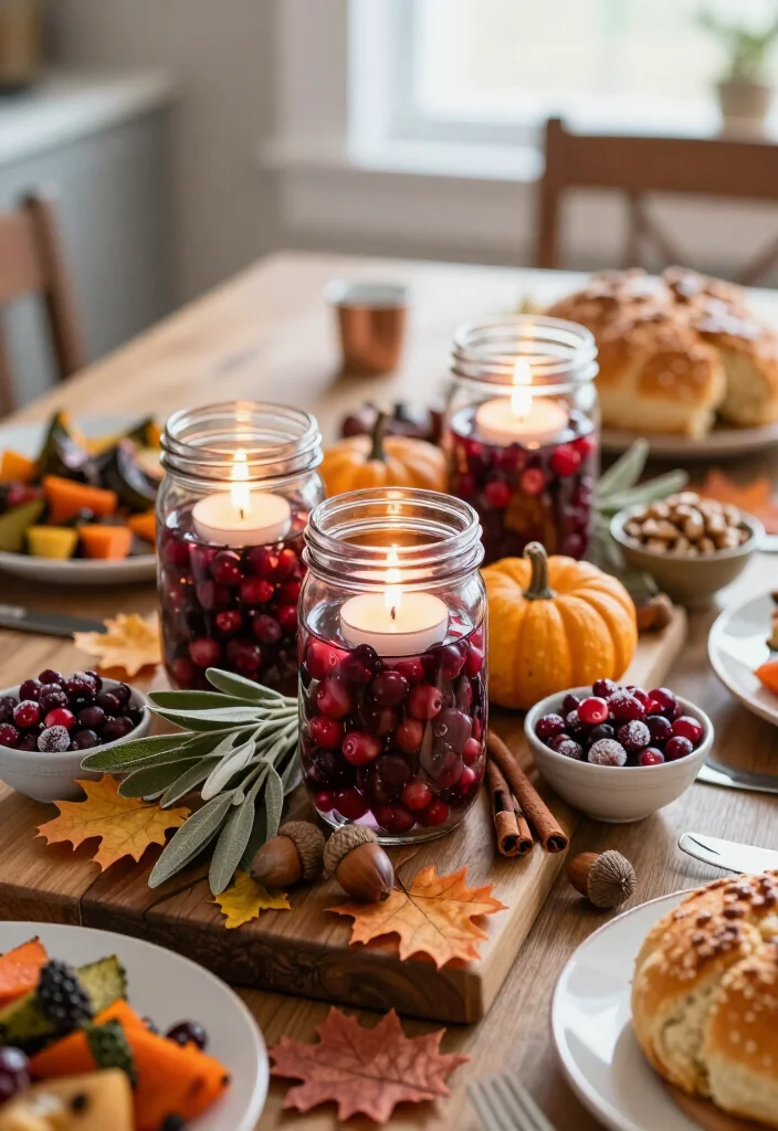 19 Dollar Tree Thanksgiving Table Setting Ideas That Look Shockingly Expensive (Guests Will Never Guess the Cost!) - 2. Make a Mason Jar Cranberry and Candle Centerpiece 1