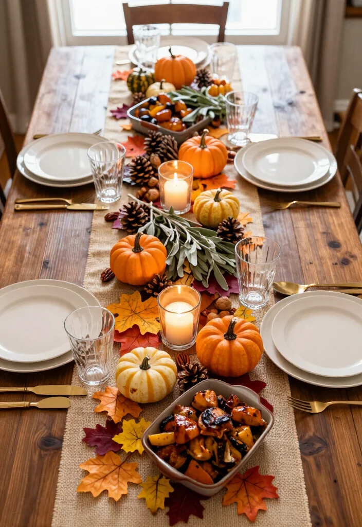 19 Dollar Tree Thanksgiving Table Setting Ideas That Look Shockingly Expensive (Guests Will Never Guess the Cost!) - 3. Turn Faux Leaves Into a Full Table Runner 1