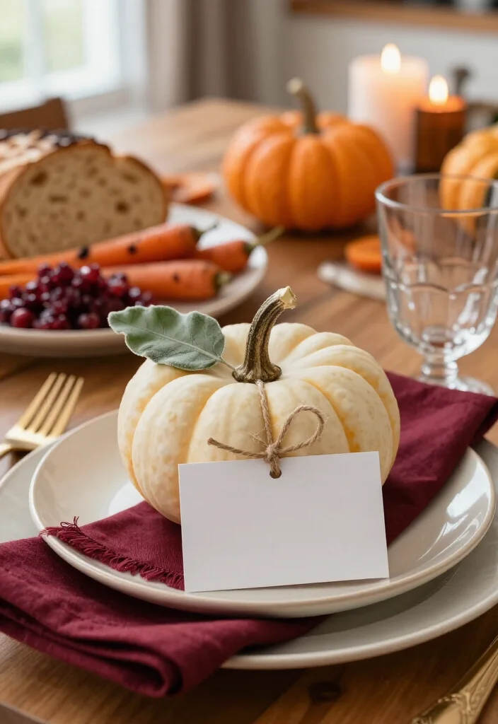19 Dollar Tree Thanksgiving Table Setting Ideas That Look Shockingly Expensive (Guests Will Never Guess the Cost!) - 5. Create a Mini Pumpkin Place Card Without the Price Tag 1