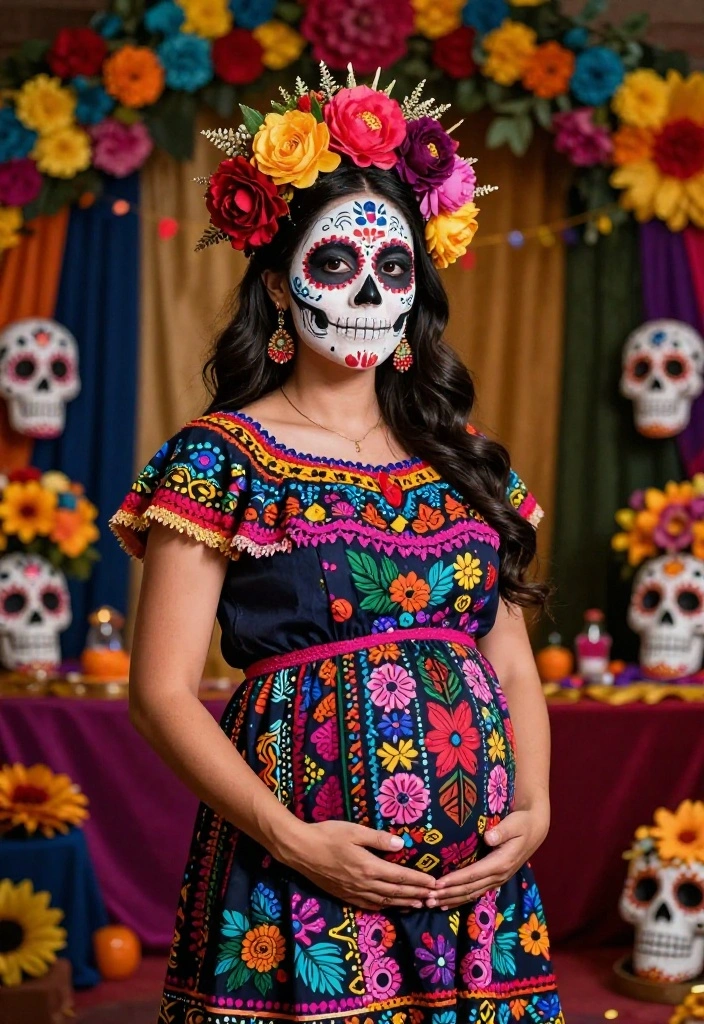 19 Genius Pregnant Halloween Costume Ideas That Will Make You the Star of the Night! - 13. Day of the Dead (Día de los Muertos) 1