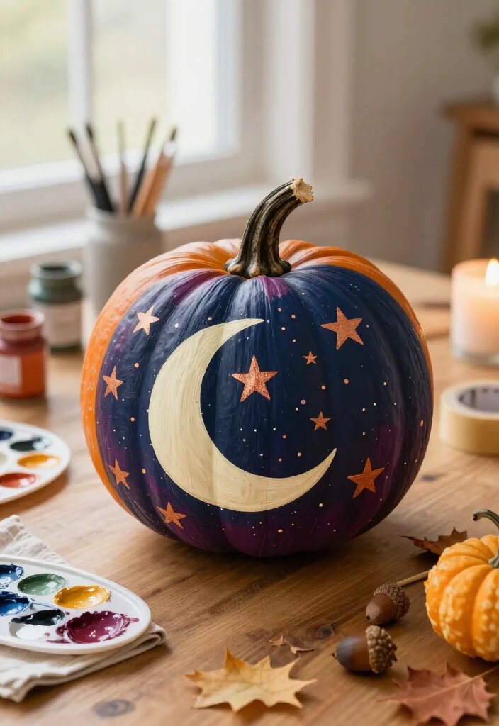 19 Brilliant Hand-Painted Pumpkin Ideas So Easy, Even Beginners Can Create Stunning Fall Decor! 17 19 Hand-Painted Pumpkin Ideas So Easy, Even Beginners Can Create Stunning Fall Decor! - 6. Moon and Star Night-Sky Pumpkins 1