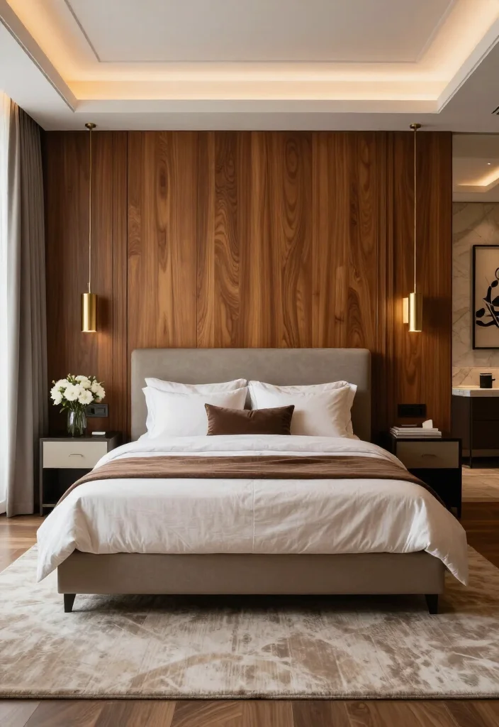 19 Luxurious Master Bedroom Ideas That Look Straight Out of a 5-Star Hotel 22 19 Luxurious Master Bedroom Ideas That Look Straight Out of a 5-Star Hotel - 9. Add Warm Wood Paneling Behind the Bed 1