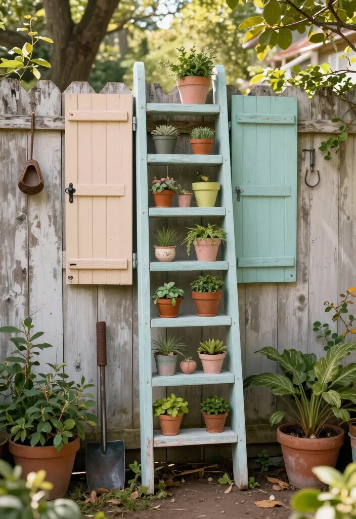 19 Old Shutter Outdoor Decor Ideas That'll Transform Your Space into a Charming Retreat! - 19. Shutter Garden Ladder 1