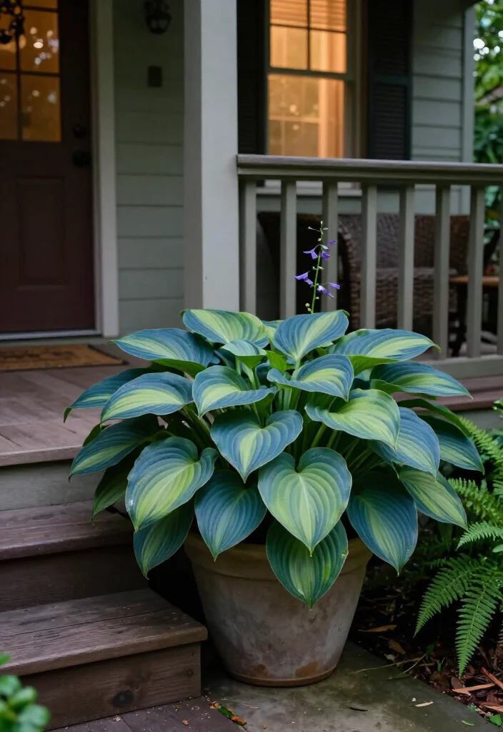 19 Stunning Plants That Thrive on a Shady Porch: Beautiful Ideas for Low-Light Spaces 70 19 Plants That Thrive on a Shady Porch: Beautiful Ideas for Low-Light Spaces - 17. Hosta for Big Leaves in a Porch Container 1