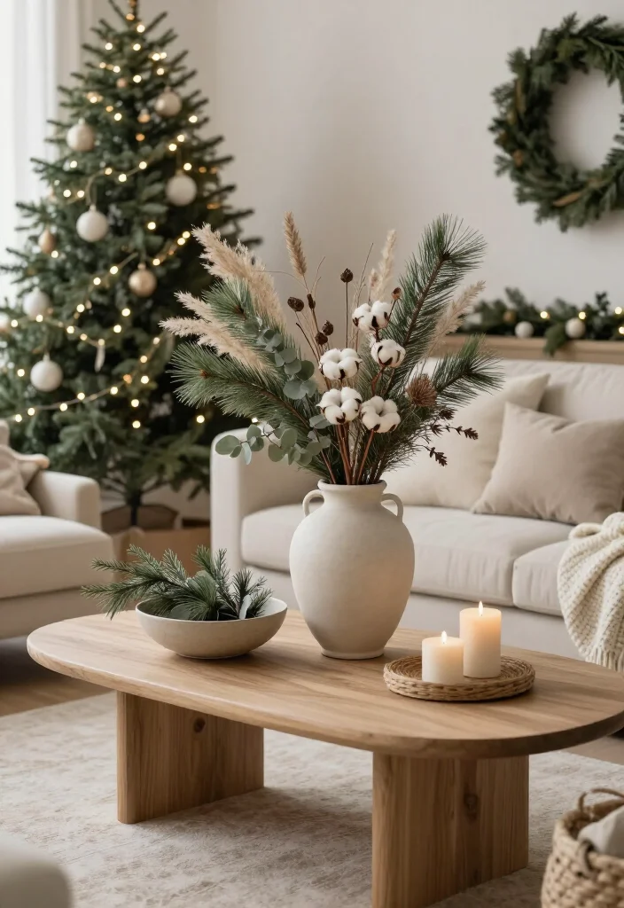 🔥 Elegant Neutral Christmas Living Room Style Ideas: 17 Cozy Ways to Decorate 53 🔥 Elegant Neutral Christmas Living Room Style Ideas: 17 Cozy Ways to Decorate - 10. Mix Pine Branches With Dried Winter Florals 1