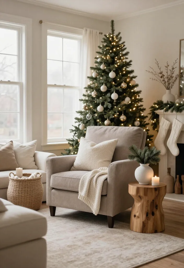 🔥 Elegant Neutral Christmas Living Room Style Ideas: 17 Cozy Ways to Decorate 56 🔥 Elegant Neutral Christmas Living Room Style Ideas: 17 Cozy Ways to Decorate - 13. Create a Cozy Reading Corner With a Taupe Chair 1