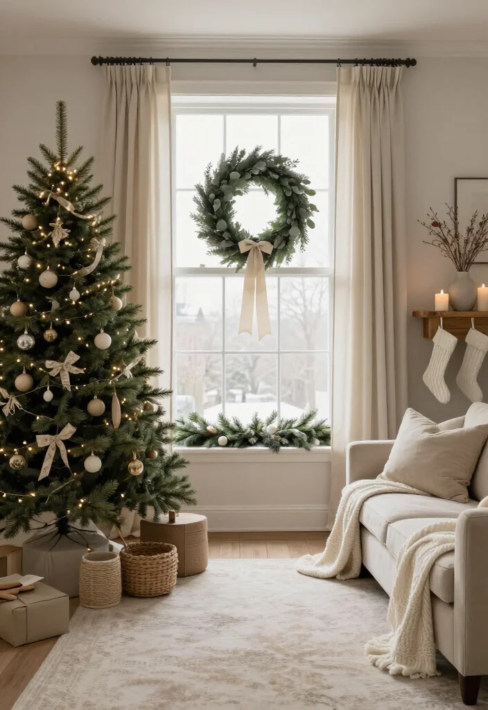 🔥 Elegant Neutral Christmas Living Room Style Ideas: 17 Cozy Ways to Decorate 59 🔥 Elegant Neutral Christmas Living Room Style Ideas: 17 Cozy Ways to Decorate - 14. Frame the Windows With a Simple Wreath or Garland 1
