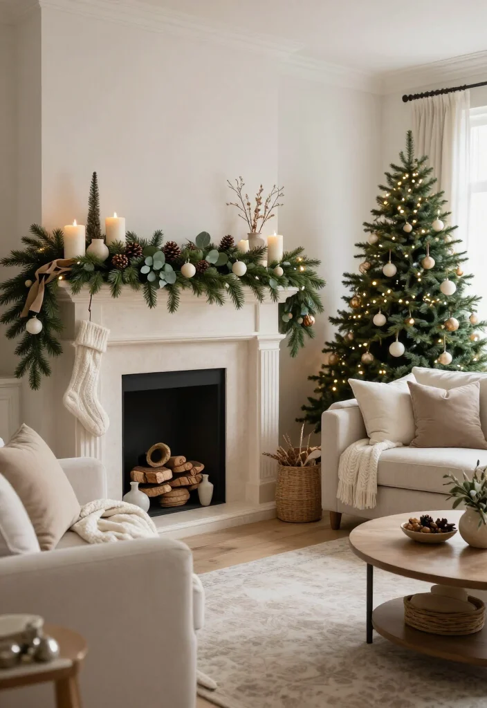 🔥 Elegant Neutral Christmas Living Room Style Ideas: 17 Cozy Ways to Decorate 4 🔥 Elegant Neutral Christmas Living Room Style Ideas: 17 Cozy Ways to Decorate - 3. Dress the Mantel With an Airy Pine Garland 1