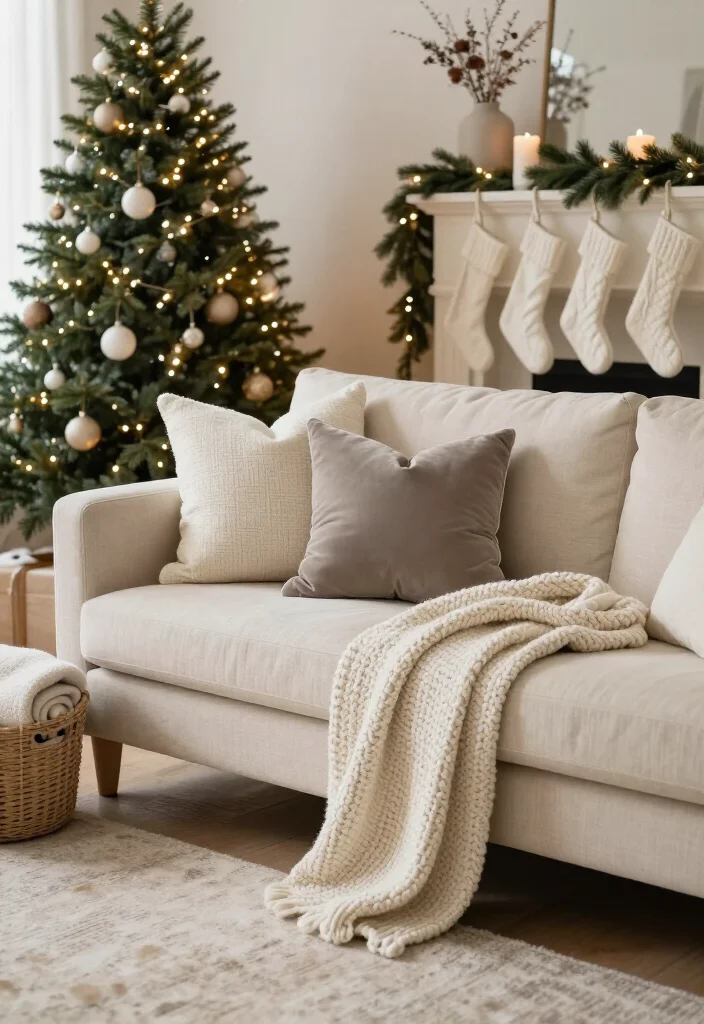 🔥 Elegant Neutral Christmas Living Room Style Ideas: 17 Cozy Ways to Decorate 16 🔥 Elegant Neutral Christmas Living Room Style Ideas: 17 Cozy Ways to Decorate - 5. Build Comfort With Cream Pillows and Chunky Throws 1