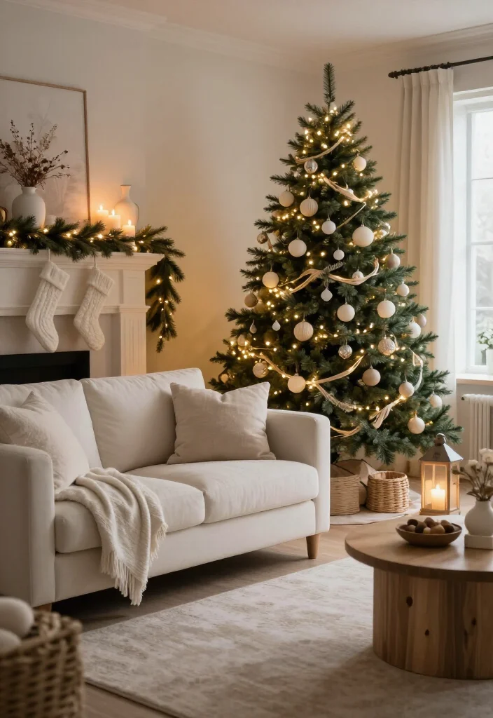 🔥 Elegant Neutral Christmas Living Room Style Ideas: 17 Cozy Ways to Decorate 27 🔥 Elegant Neutral Christmas Living Room Style Ideas: 17 Cozy Ways to Decorate - 6. Add Warm Glow With Candles and Layered Lights 1