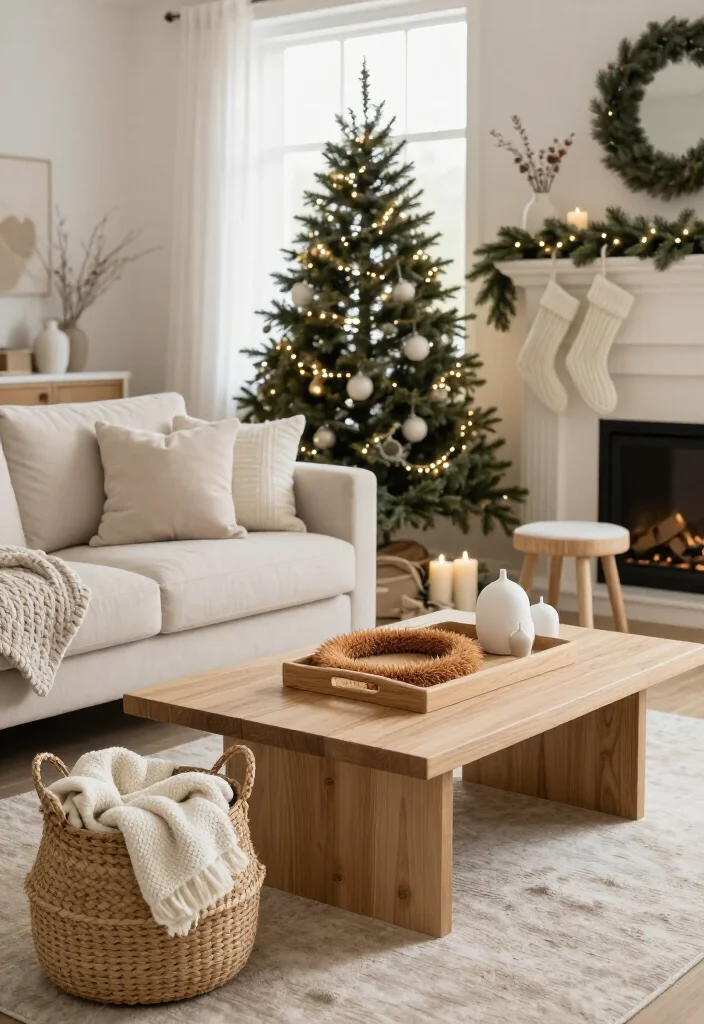 🔥 Elegant Neutral Christmas Living Room Style Ideas: 17 Cozy Ways to Decorate 28 🔥 Elegant Neutral Christmas Living Room Style Ideas: 17 Cozy Ways to Decorate - 7. Bring in Natural Wood and Woven Baskets 1