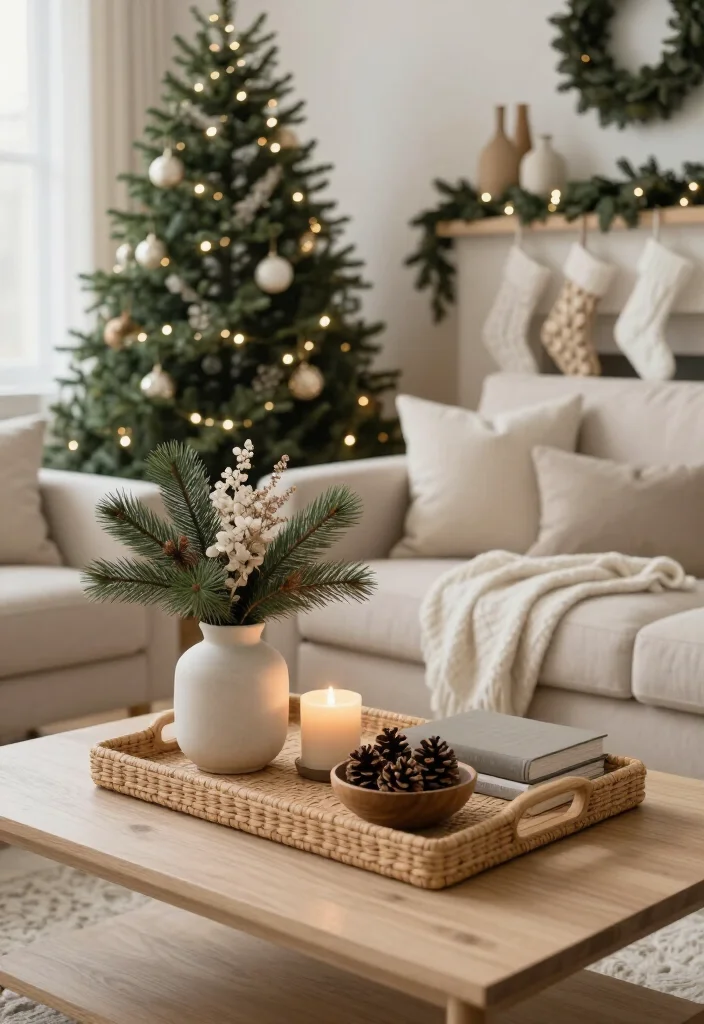 🔥 Elegant Neutral Christmas Living Room Style Ideas: 17 Cozy Ways to Decorate 31 🔥 Elegant Neutral Christmas Living Room Style Ideas: 17 Cozy Ways to Decorate - 8. Style the Coffee Table With One Calm Seasonal Tray 1