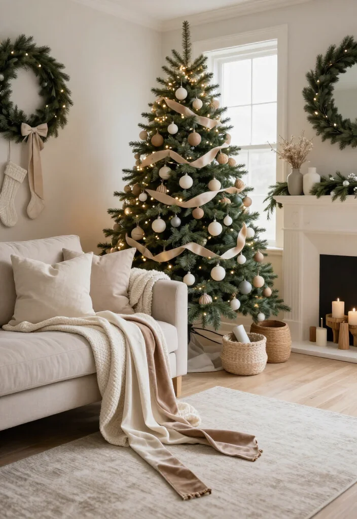🔥 Elegant Neutral Christmas Living Room Style Ideas: 17 Cozy Ways to Decorate 42 🔥 Elegant Neutral Christmas Living Room Style Ideas: 17 Cozy Ways to Decorate - 9. Use Velvet or Linen Ribbon Instead of Bright Tinsel 1