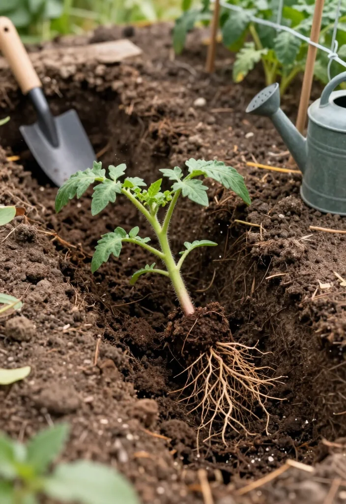 How to Plant Tomatoes in a Trench: 7 Steps to Stronger Roots 25 How to Plant Tomatoes in a Trench: 7 Steps to Stronger Roots - Step 4: Lay the Seedling Sideways in the Trench 1