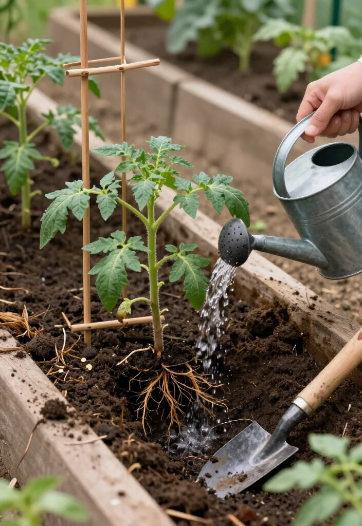How to Plant Tomatoes in a Trench: 7 Steps to Stronger Roots 49 How to Plant Tomatoes in a Trench: 7 Steps to Stronger Roots - Step 6: Water Deeply and Add Support 1