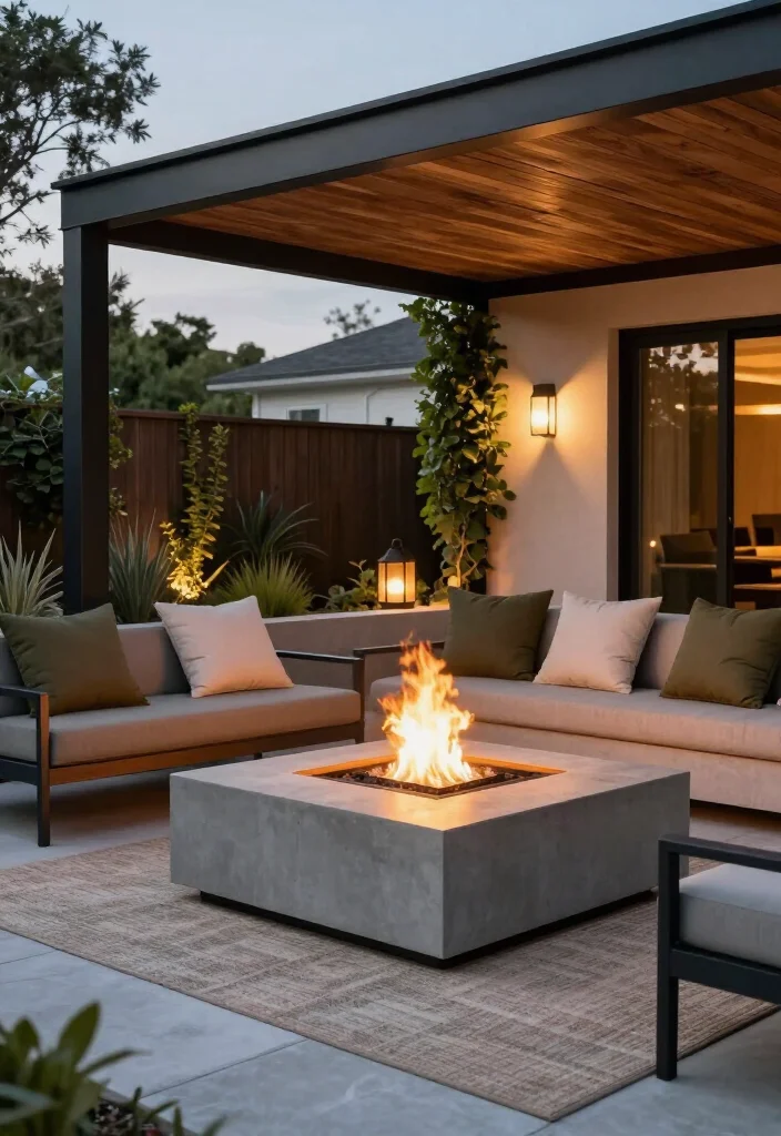 Stunning Modern Firepit Ideas: 17 Stylish Backyard Designs for Cozy Evenings - 12. Firepit Beneath a Pergola for a Defined Outdoor Room 1