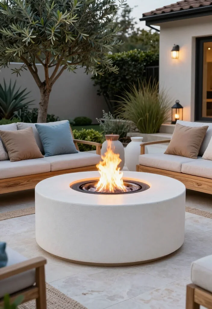 Stunning Modern Firepit Ideas: 17 Stylish Backyard Designs for Cozy Evenings - 6. White Stucco Firepit for a Soft Coastal Patio 1