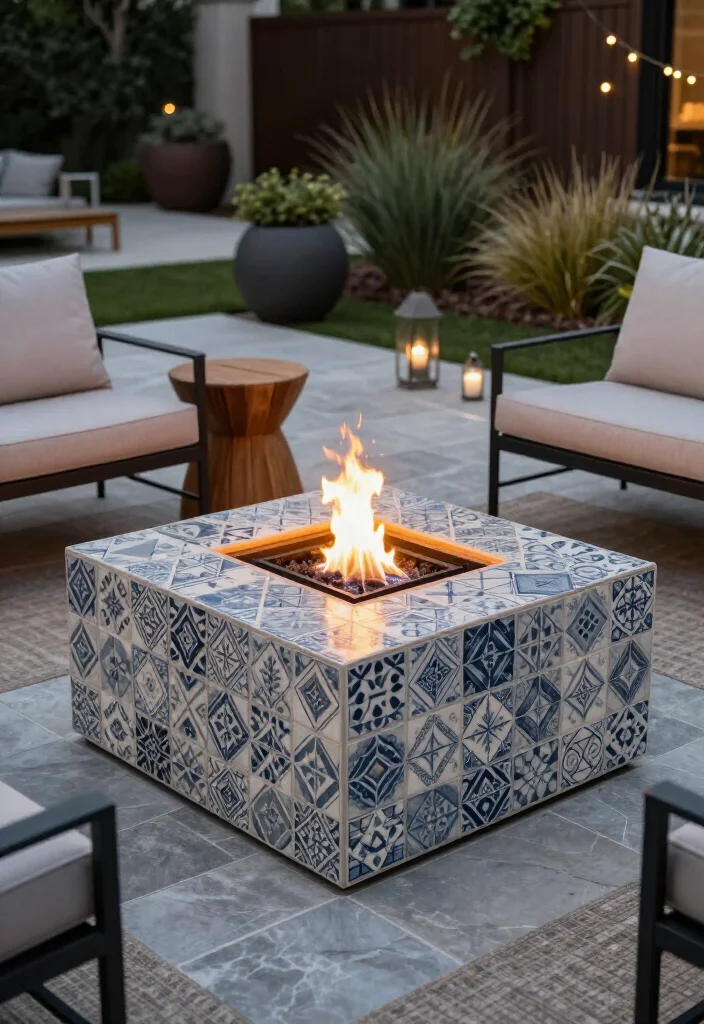 Stunning Modern Firepit Ideas: 17 Stylish Backyard Designs for Cozy Evenings - 7. Patterned Tile Surround for a Touch of Personality 1