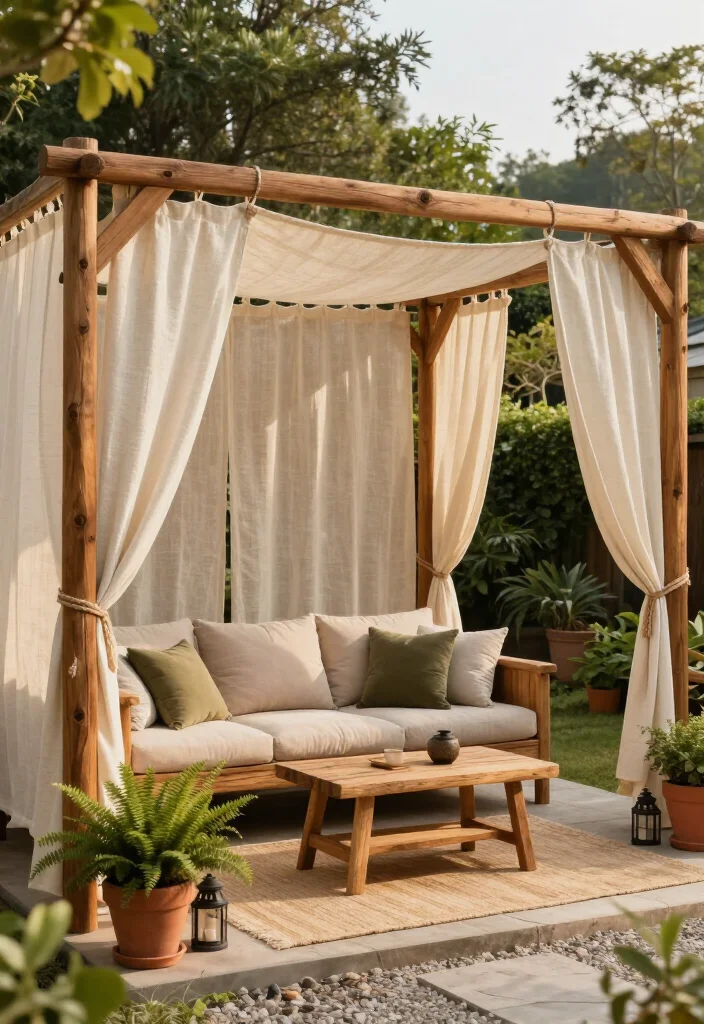 Stunning Rustic Wood and Fabric Canopy Ideas: 15 Cozy Outdoor Ideas - 1. Cedar Posts with Breezy Linen Curtains 1