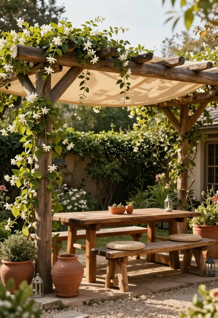 Stunning Rustic Wood and Fabric Canopy Ideas: 15 Cozy Outdoor Ideas - 10. A Vine-Covered Canopy with Fabric Shade 1