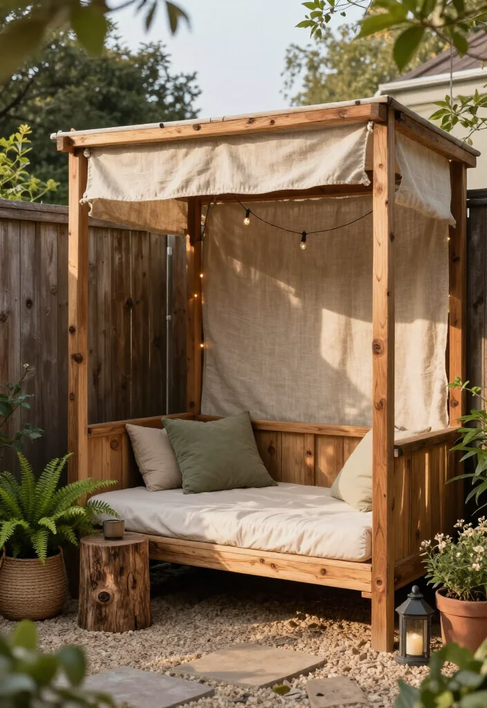 Stunning Rustic Wood and Fabric Canopy Ideas: 15 Cozy Outdoor Ideas - 11. A Corner Canopy with a Built-In Daybed 1