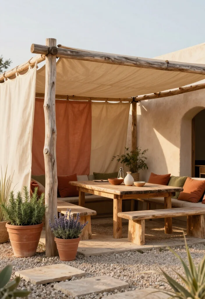 Stunning Rustic Wood and Fabric Canopy Ideas: 15 Cozy Outdoor Ideas - 12. A Mediterranean-Inspired Canopy with Earthy Fabrics 1