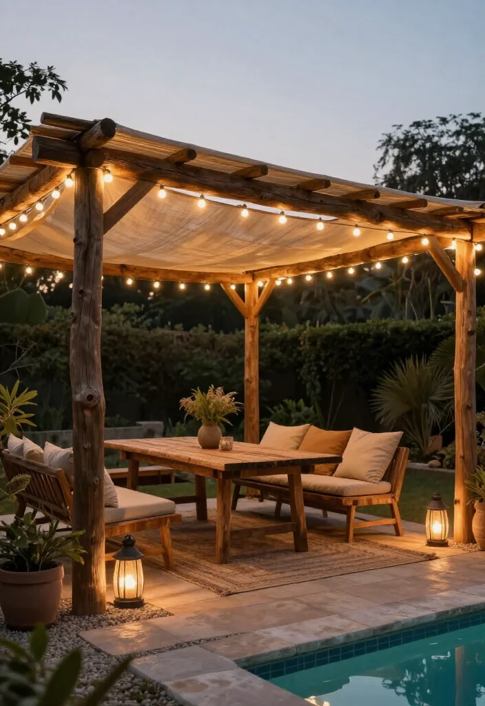 Stunning Rustic Wood and Fabric Canopy Ideas: 15 Cozy Outdoor Ideas - 13. An Evening Canopy Wrapped in Warm String Lights 1