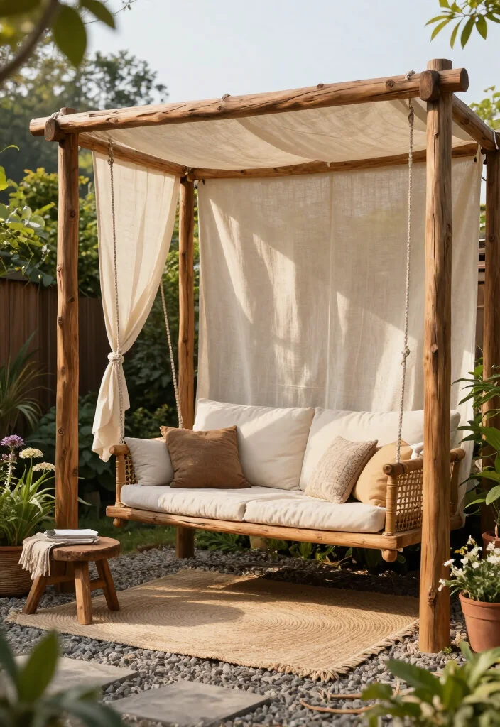 Stunning Rustic Wood and Fabric Canopy Ideas: 15 Cozy Outdoor Ideas - 14. A Rustic Canopy with a Hanging Swing Seat 1