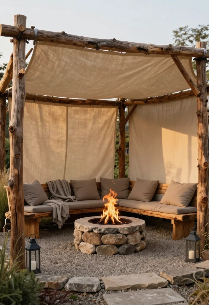 Stunning Rustic Wood and Fabric Canopy Ideas: 15 Cozy Outdoor Ideas - 2. A Branch-Framed Canopy Around the Fire Pit 1