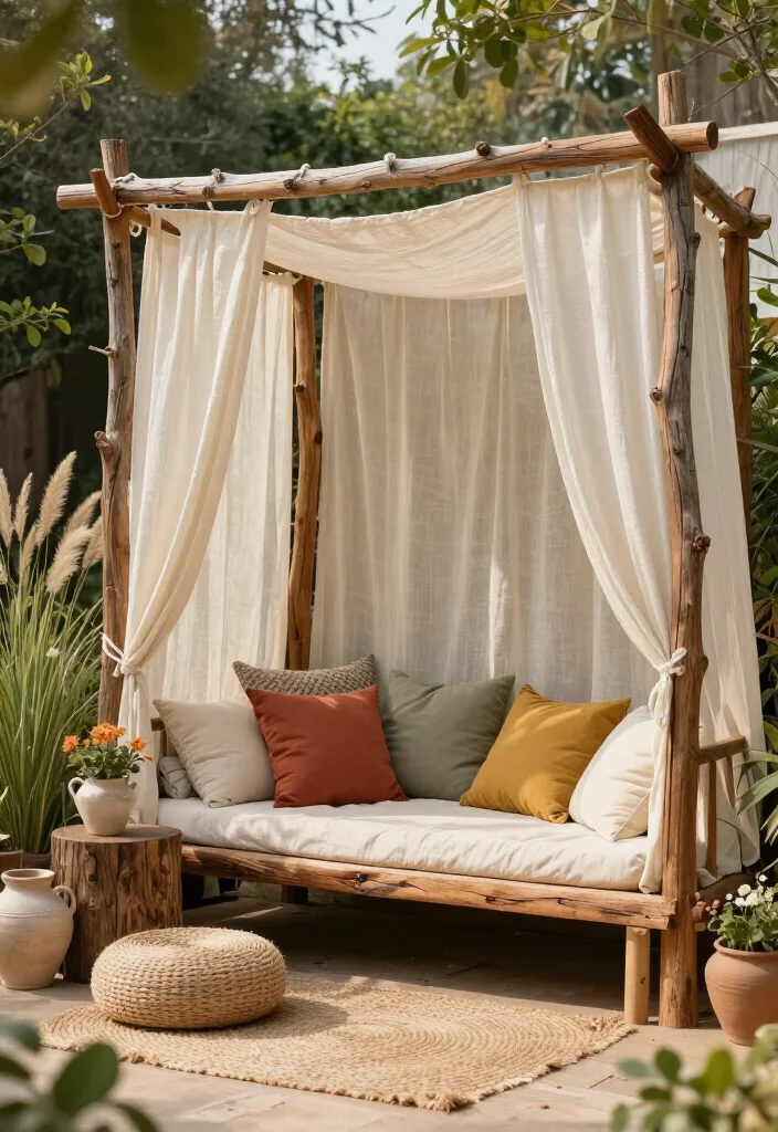 Stunning Rustic Wood and Fabric Canopy Ideas: 15 Cozy Outdoor Ideas - 4. A Gauzy Garden Nook with Boho Texture 1